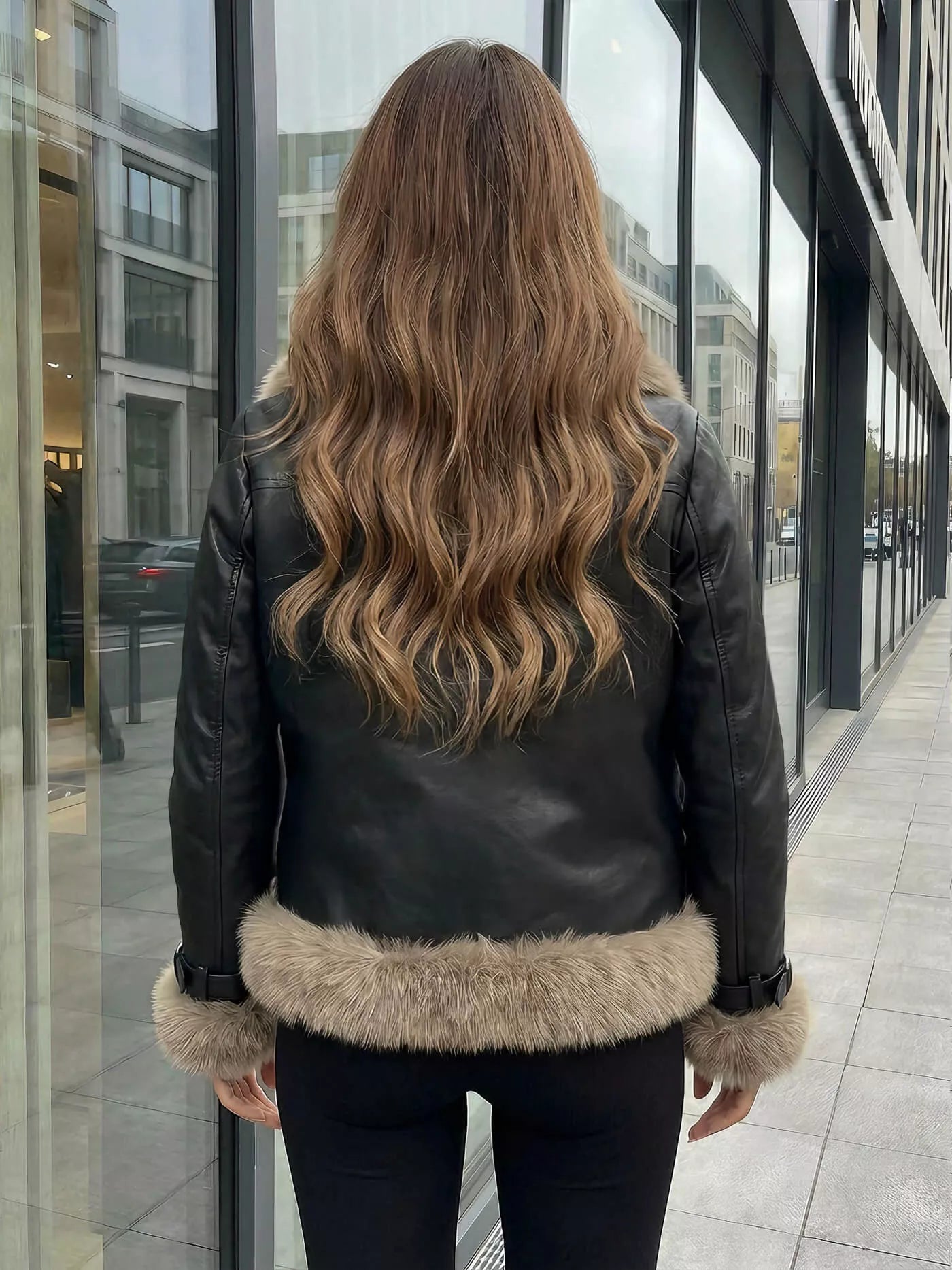 Moteriška juoda odinė striukė su kailiu Bali