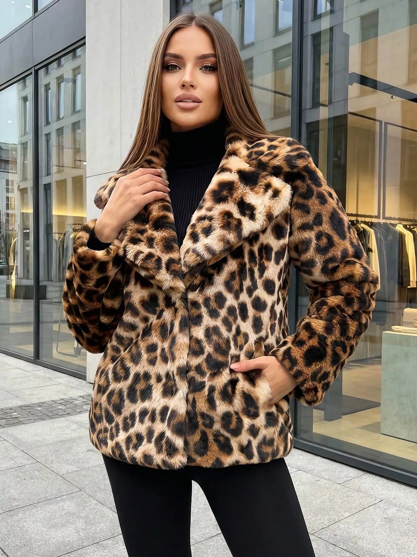 Moteriška ruda kailinė striukė su gyvūniniu raštu Leopard