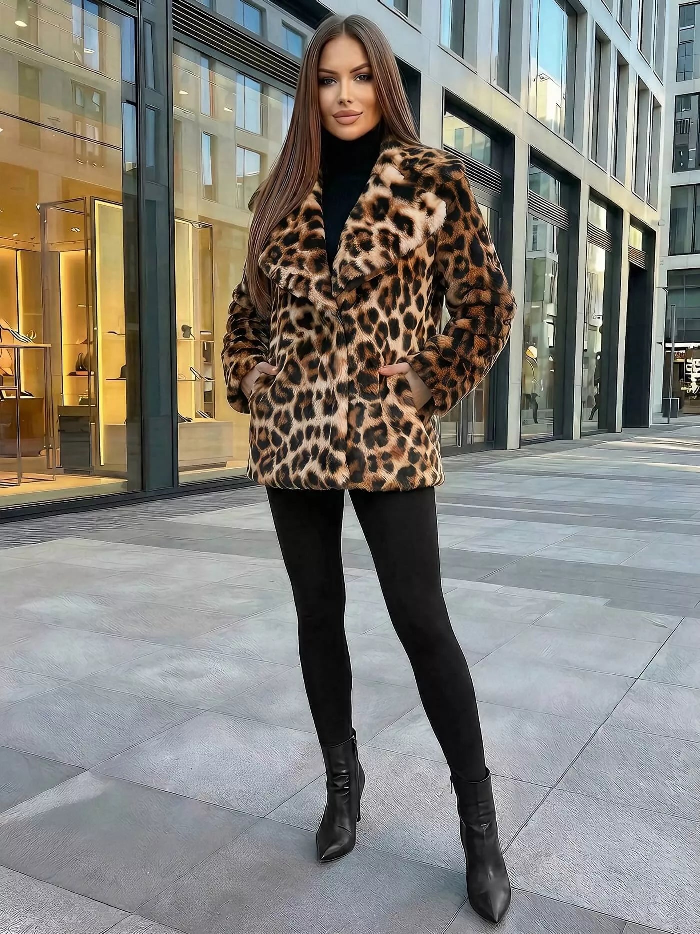 Moteriška ruda kailinė striukė su gyvūniniu raštu Leopard