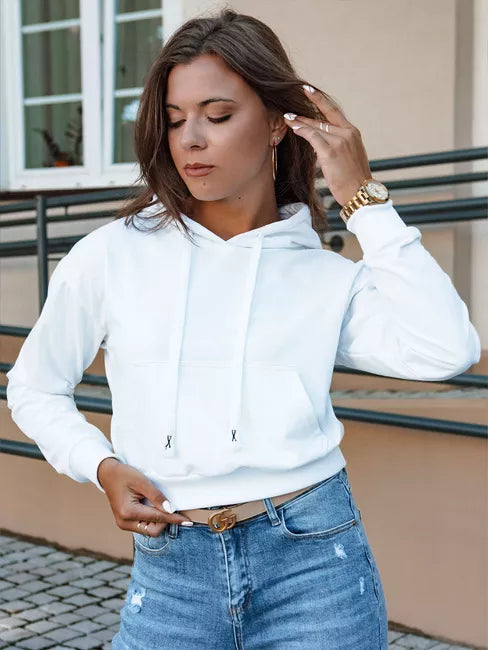 Moteriškas baltas džemperis su gobtuvu Trend