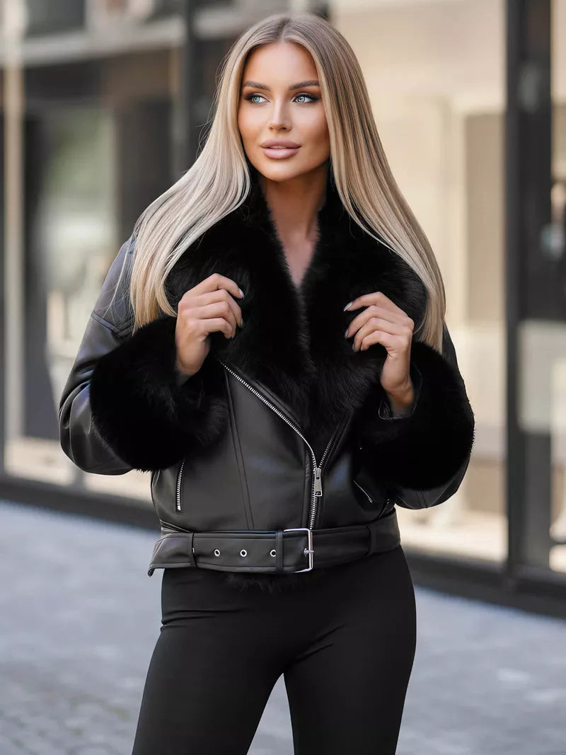 Sieviešu melna jaka ar melnu kažokādu Real