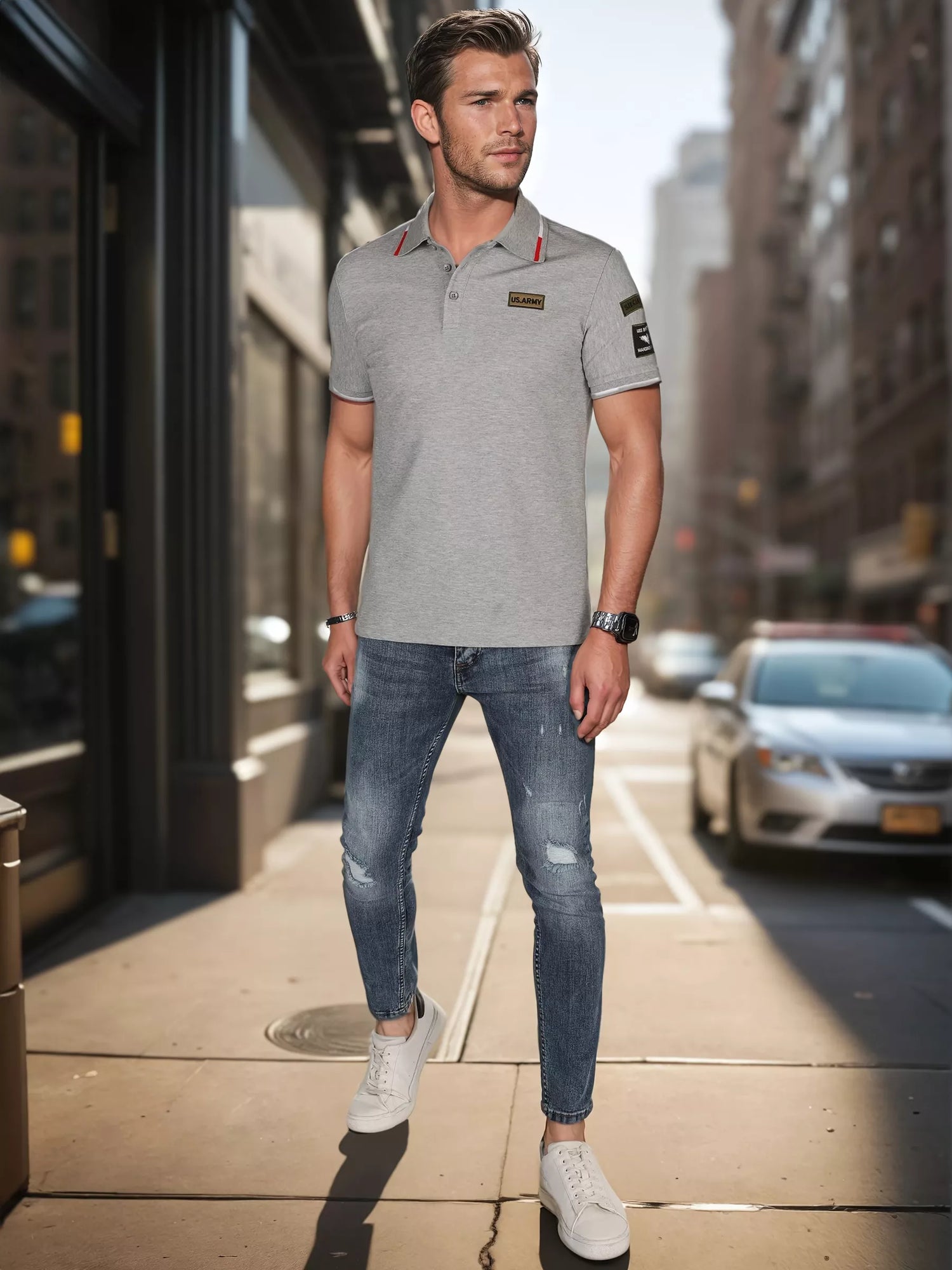 Vīriešu polo krekls ar uzšuvēm, pelēks ASV armijas