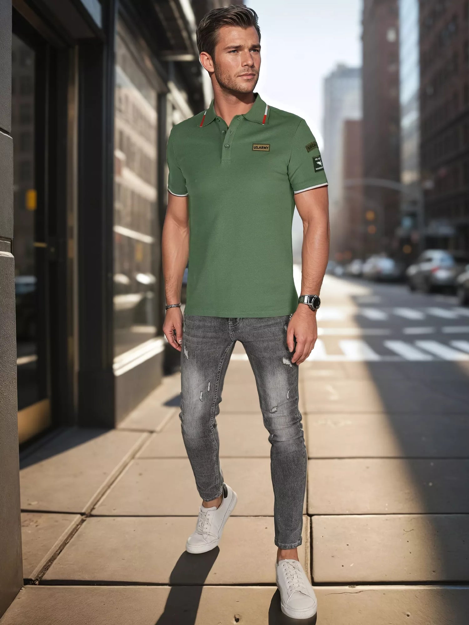 Vīriešu polo krekls ar uzšuvēm, zaļš ASV armijas