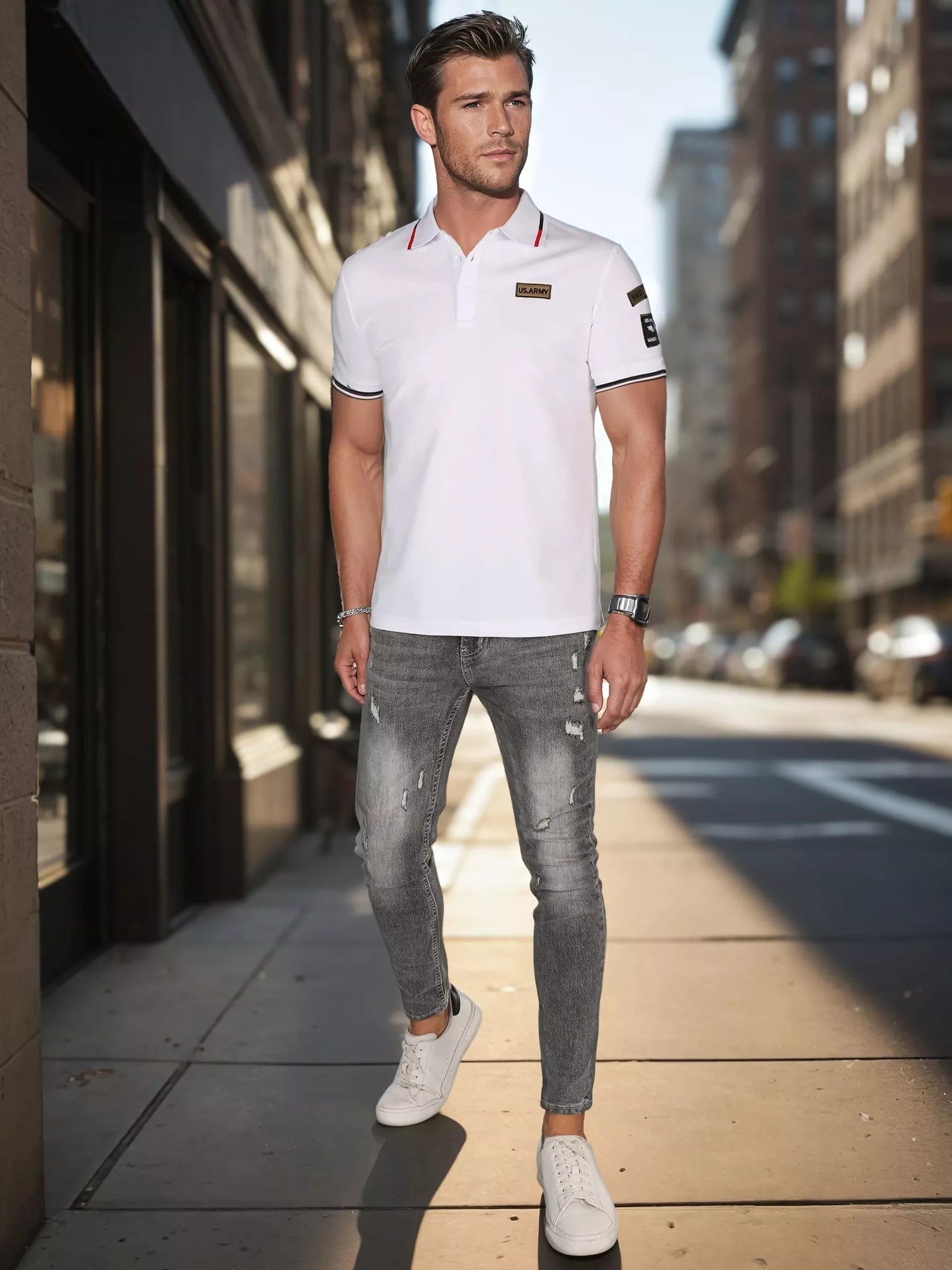 Vīriešu polo krekls ar uzšuvēm, balts, ASV armijas