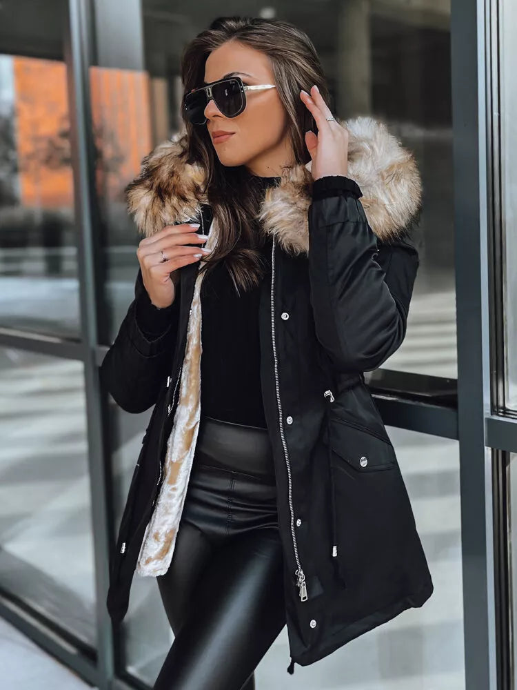 Melna ar gaišu kažokādu sieviešu jaka Garnit