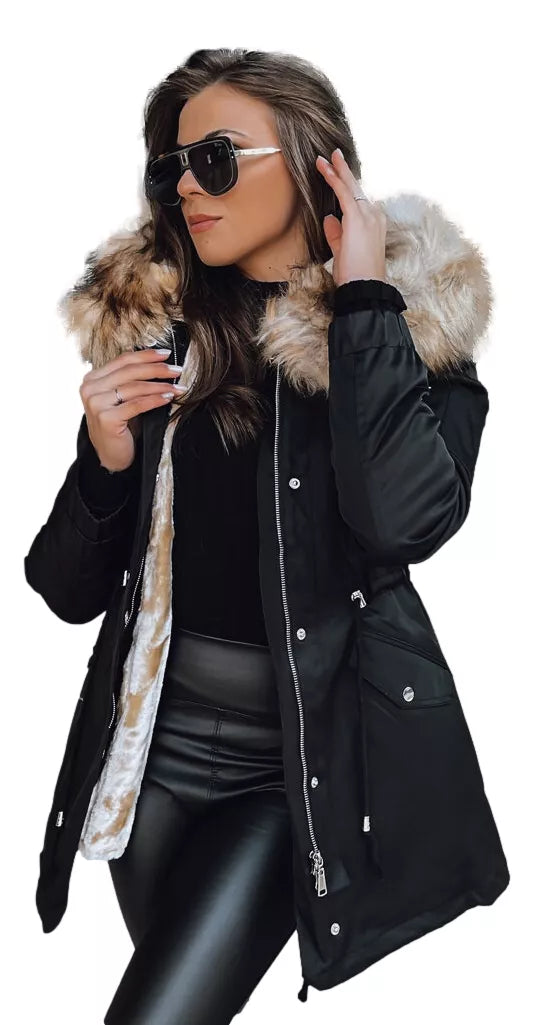 Melna ar gaišu kažokādu sieviešu jaka Garnit