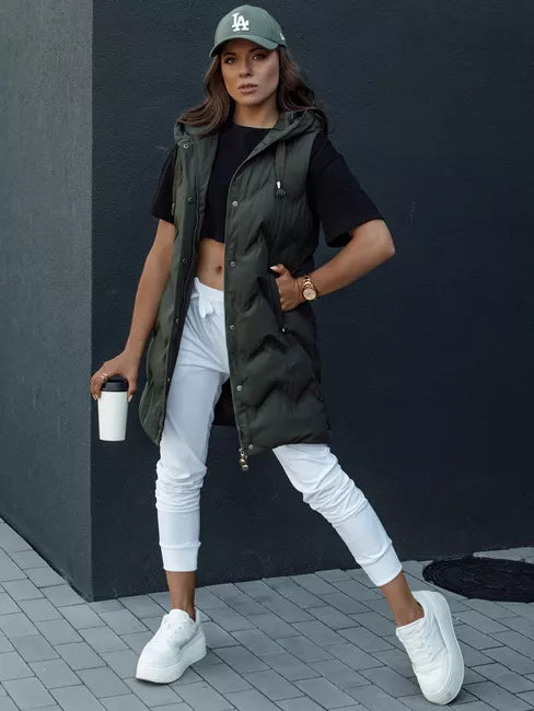 Sieviešu stepēta tumši zaļa veste ar kapuci Lily