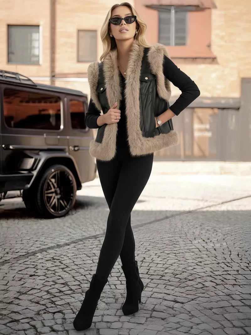 Sieviešu melna ādas veste ar kažokādu