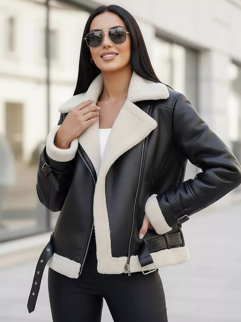 Sieviešu melna ādas jaka ar baltu kažokādu Elen