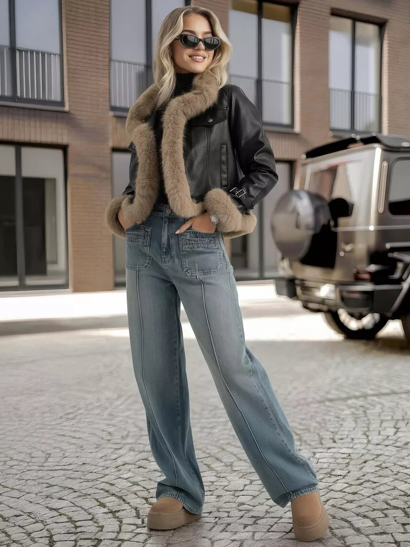 Sieviešu melna ādas jaka ar kažokādu Bali