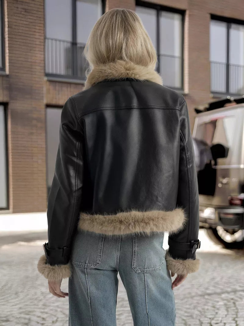 Sieviešu melna ādas jaka ar kažokādu Bali