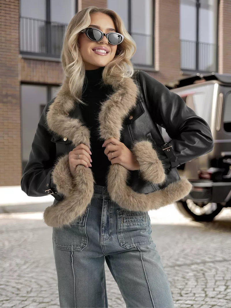 Sieviešu melna ādas jaka ar kažokādu Bali