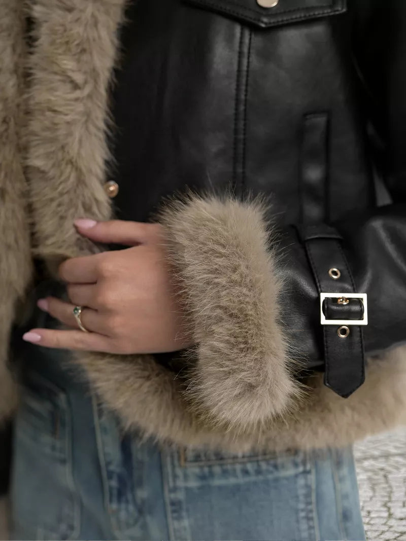 Sieviešu melna ādas jaka ar kažokādu Bali