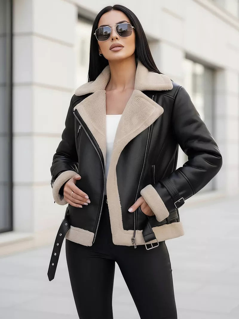 Sieviešu melna ādas jaka ar kažokādu Elen