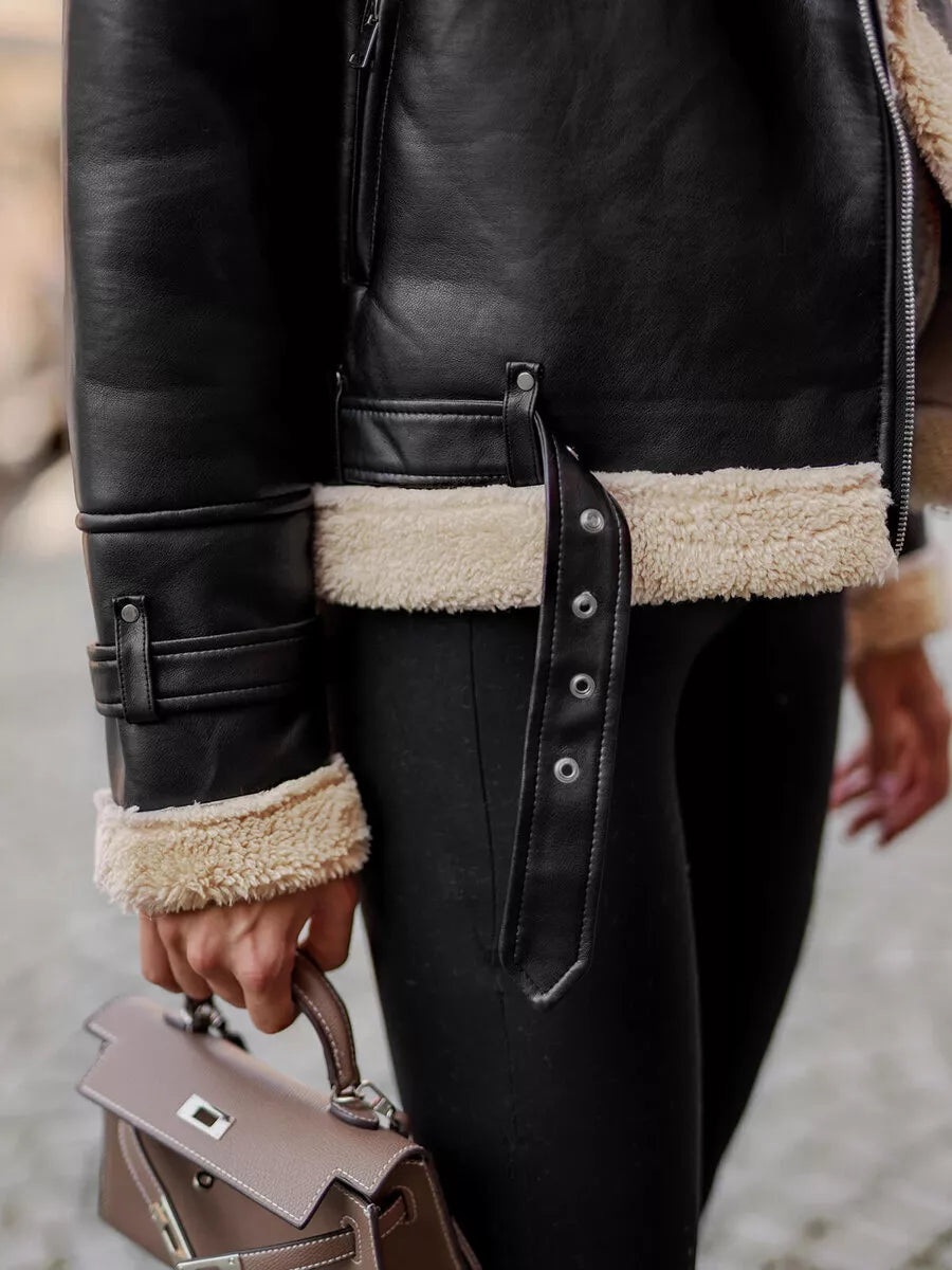 Sieviešu melna ādas jaka ar kažokādu Elen