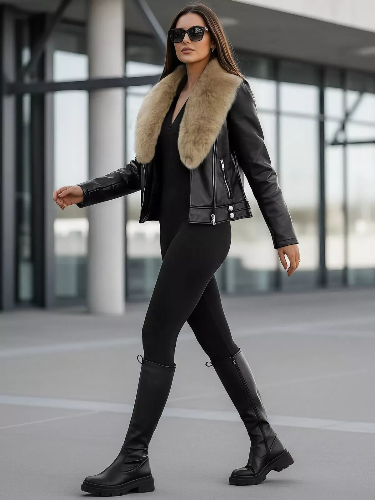 Sieviešu melna ādas jaka ar brūnu kažokādu Laser