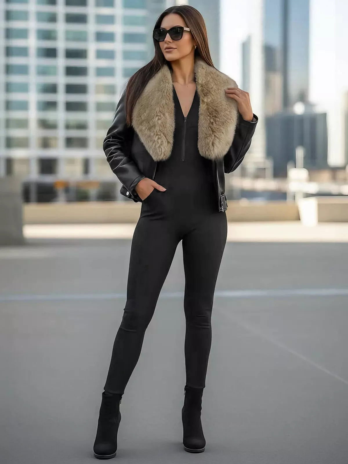 Sieviešu melna ādas jaka ar brūnu kažokādu Laser