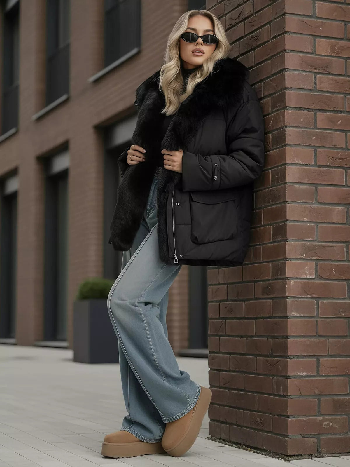 Sieviešu melna jaka ar kažokādu Sora