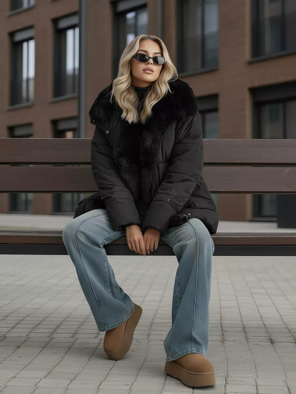 Sieviešu melna jaka ar kažokādu Sora