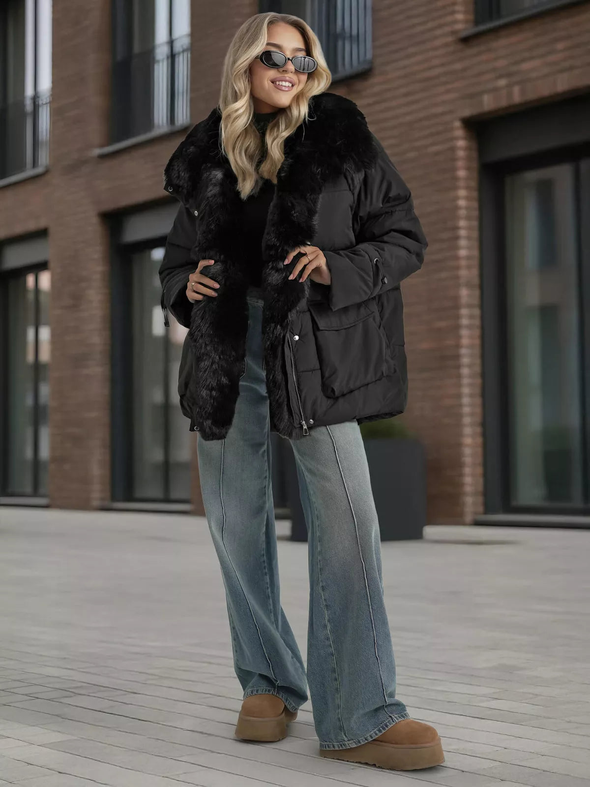 Sieviešu melna jaka ar kažokādu Sora