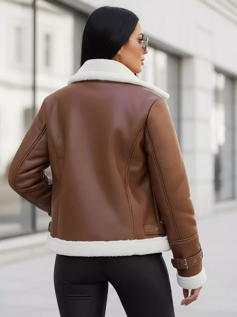 Sieviešu brūna ādas jaka ar kažokādu Elen