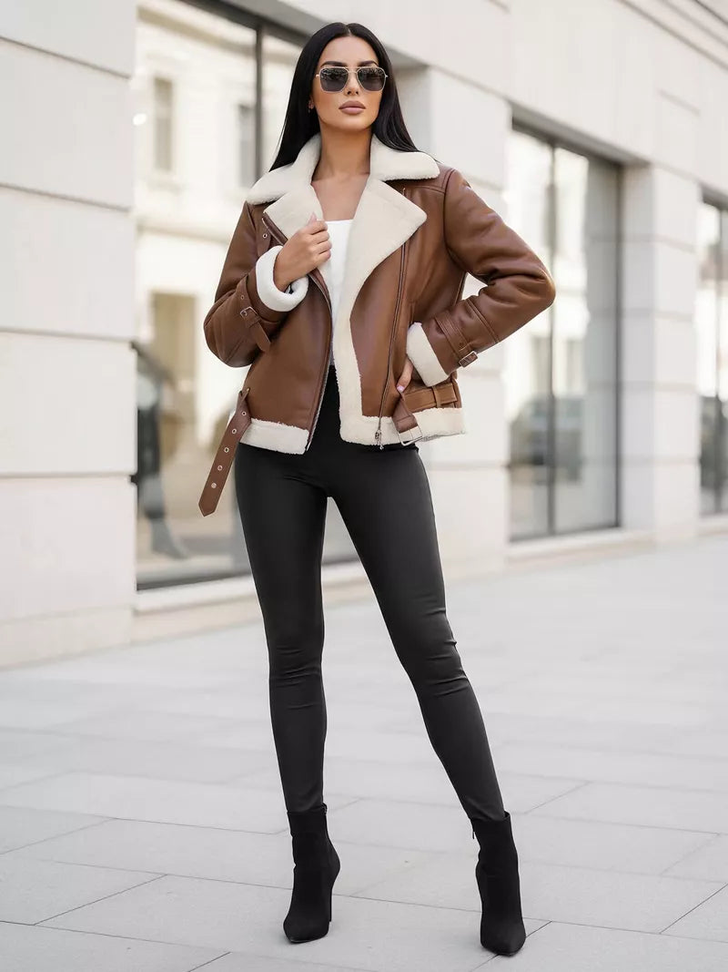 Sieviešu brūna ādas jaka ar kažokādu Elen