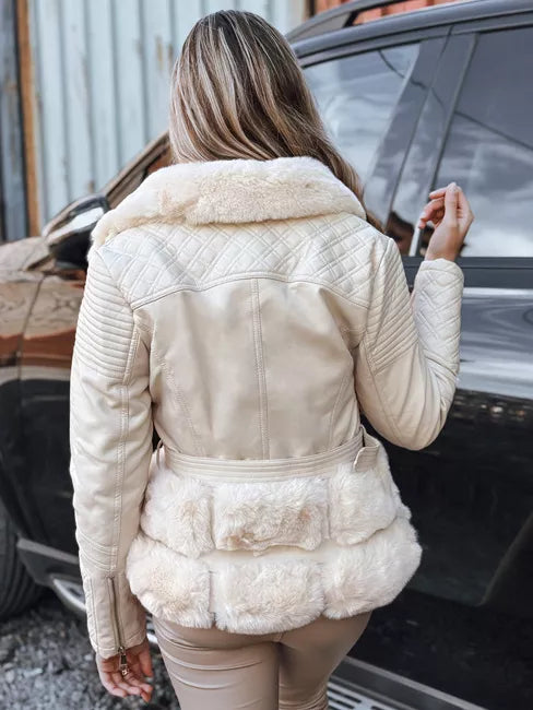 Sieviešu brūna ādas baikeru jaka ar kažokādu Lora