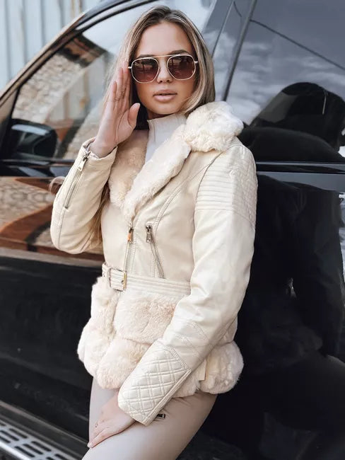 Sieviešu brūna ādas baikeru jaka ar kažokādu Lora