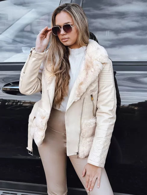 Sieviešu brūna ādas baikeru jaka ar kažokādu Lora