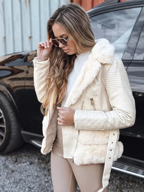 Sieviešu brūna ādas baikeru jaka ar kažokādu Lora