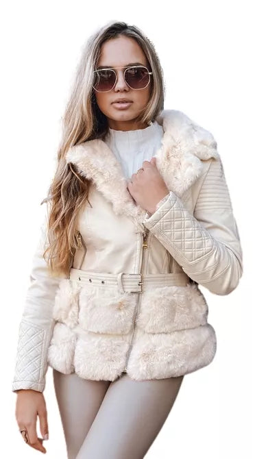 Sieviešu brūna ādas baikeru jaka ar kažokādu Lora