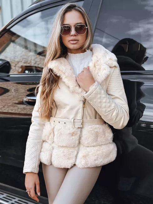 Sieviešu brūna ādas baikeru jaka ar kažokādu Lora