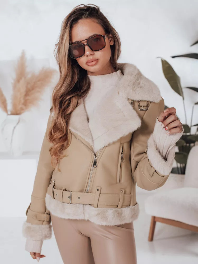 Sieviešu brūna ādas jaka ar kažokādu Monim