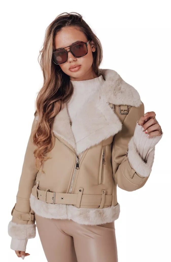 Sieviešu brūna ādas jaka ar kažokādu Monim