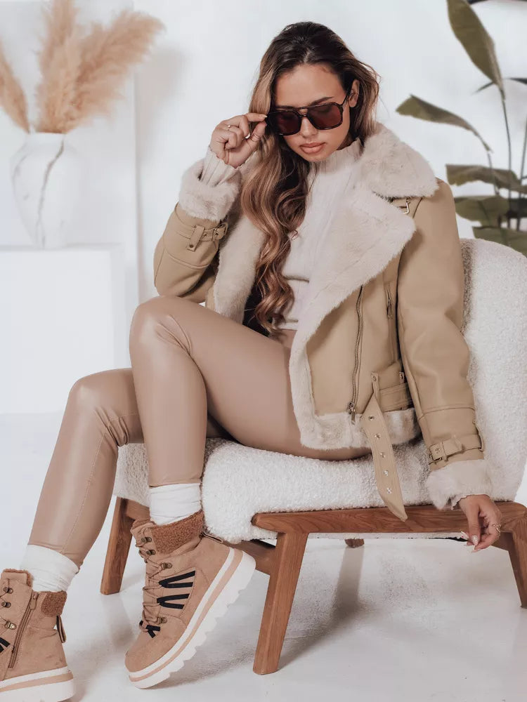 Sieviešu brūna ādas jaka ar kažokādu Monim