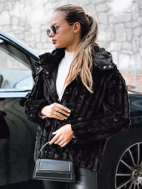 Sieviešu melna kažokādas jaka ar kapuci Marly