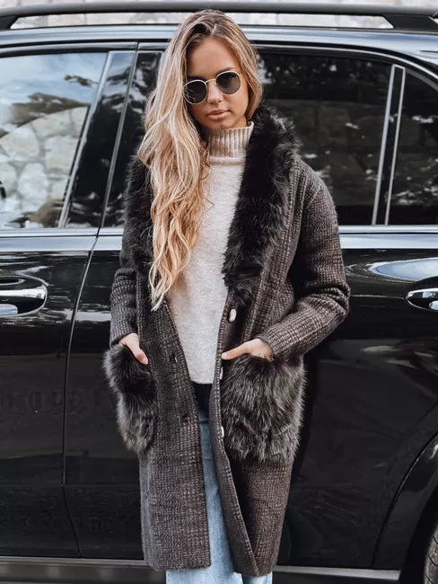 Sieviešu melns mētelis ar kažokādu Fiona