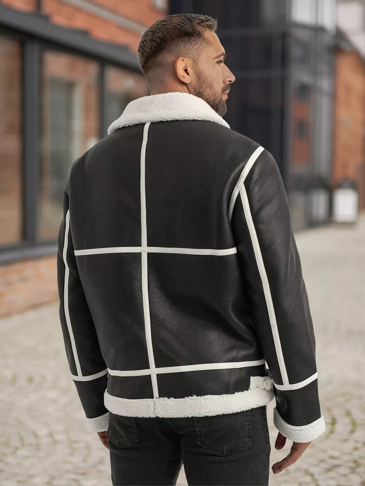 Vīriešu melna ādas jaka ar baltu kažokādu Capri