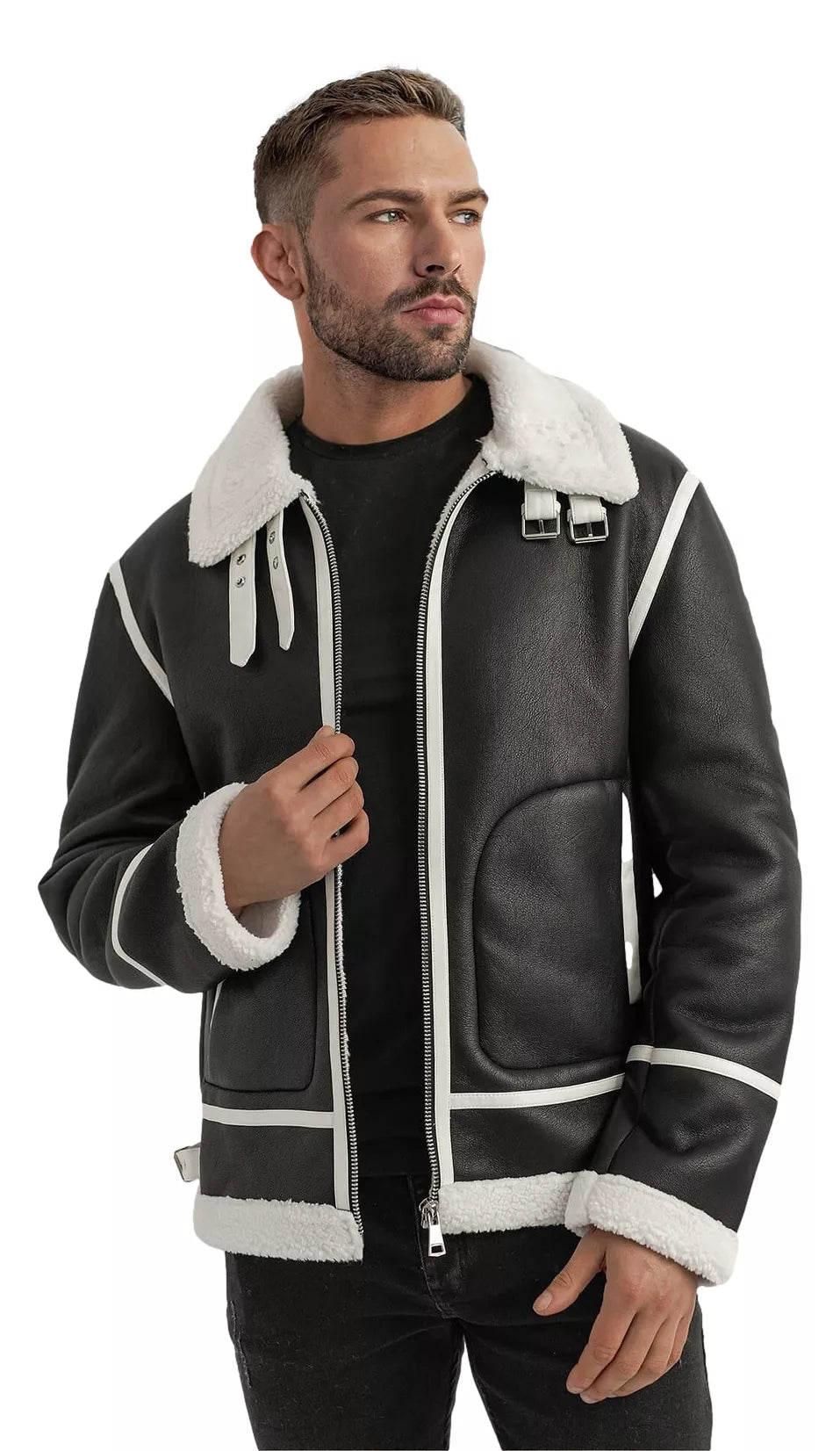 Vīriešu melna ādas jaka ar baltu kažokādu Capri