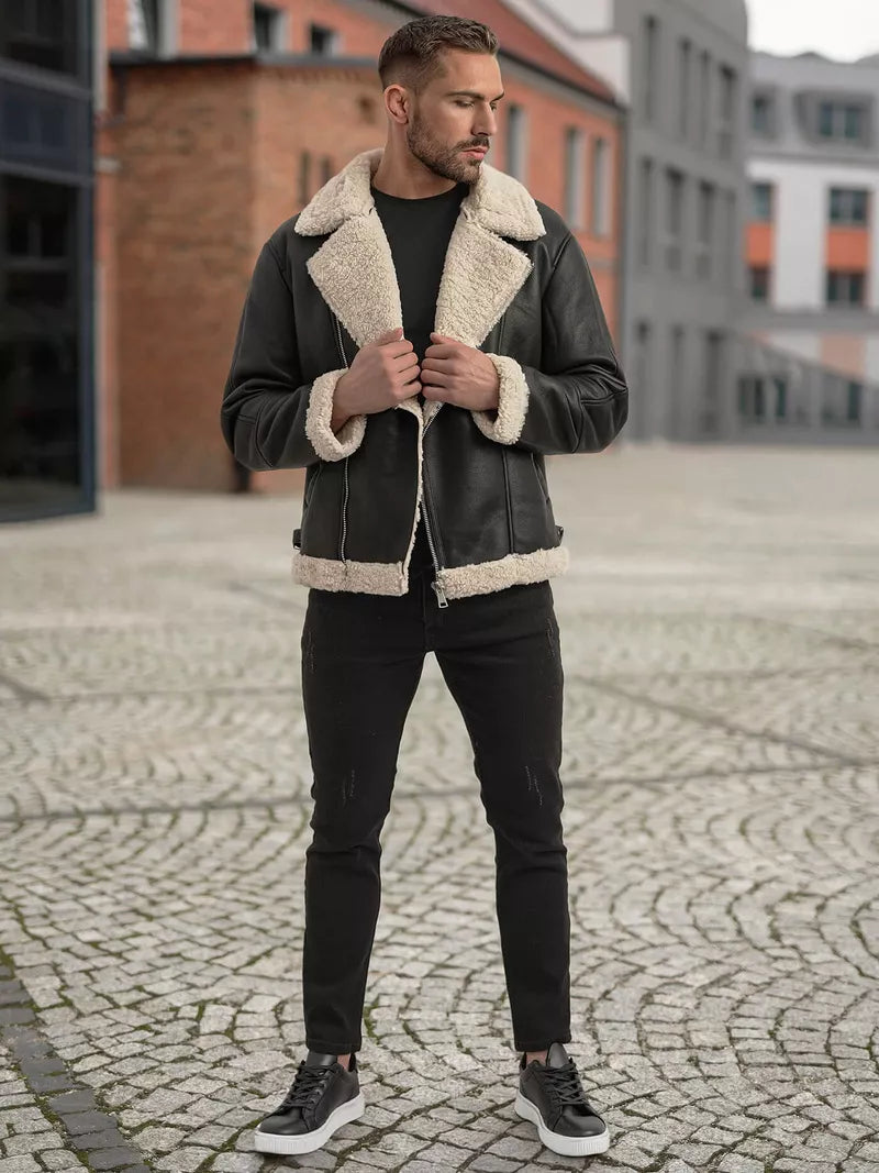 Vīriešu melna ādas jaka ar kažokādu