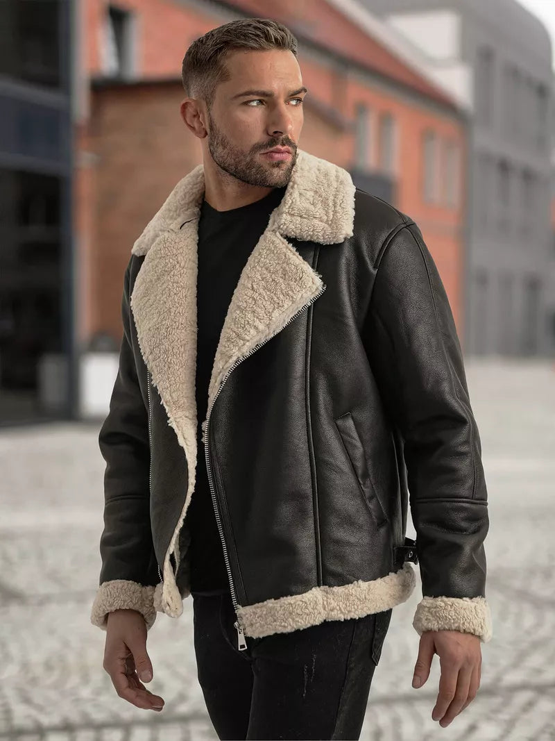 Vīriešu melna ādas jaka ar kažokādu