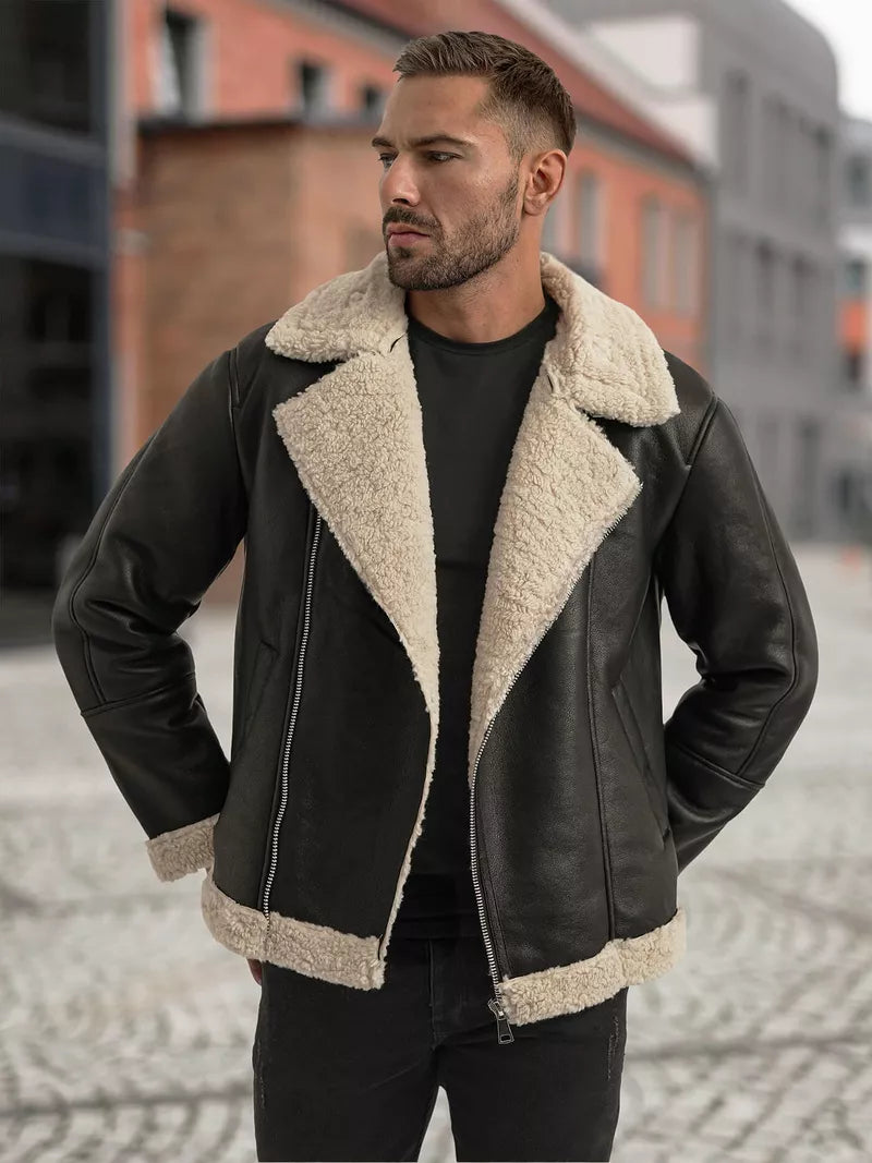 Vīriešu melna ādas jaka ar kažokādu