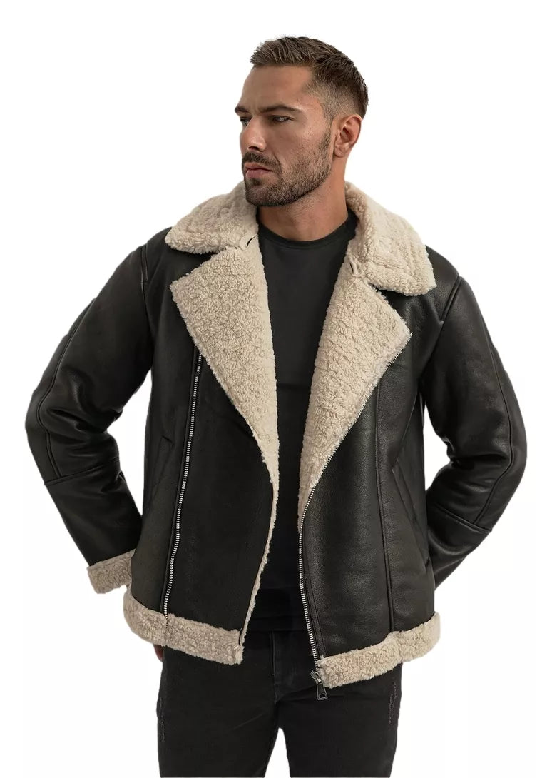 Vīriešu melna ādas jaka ar kažokādu