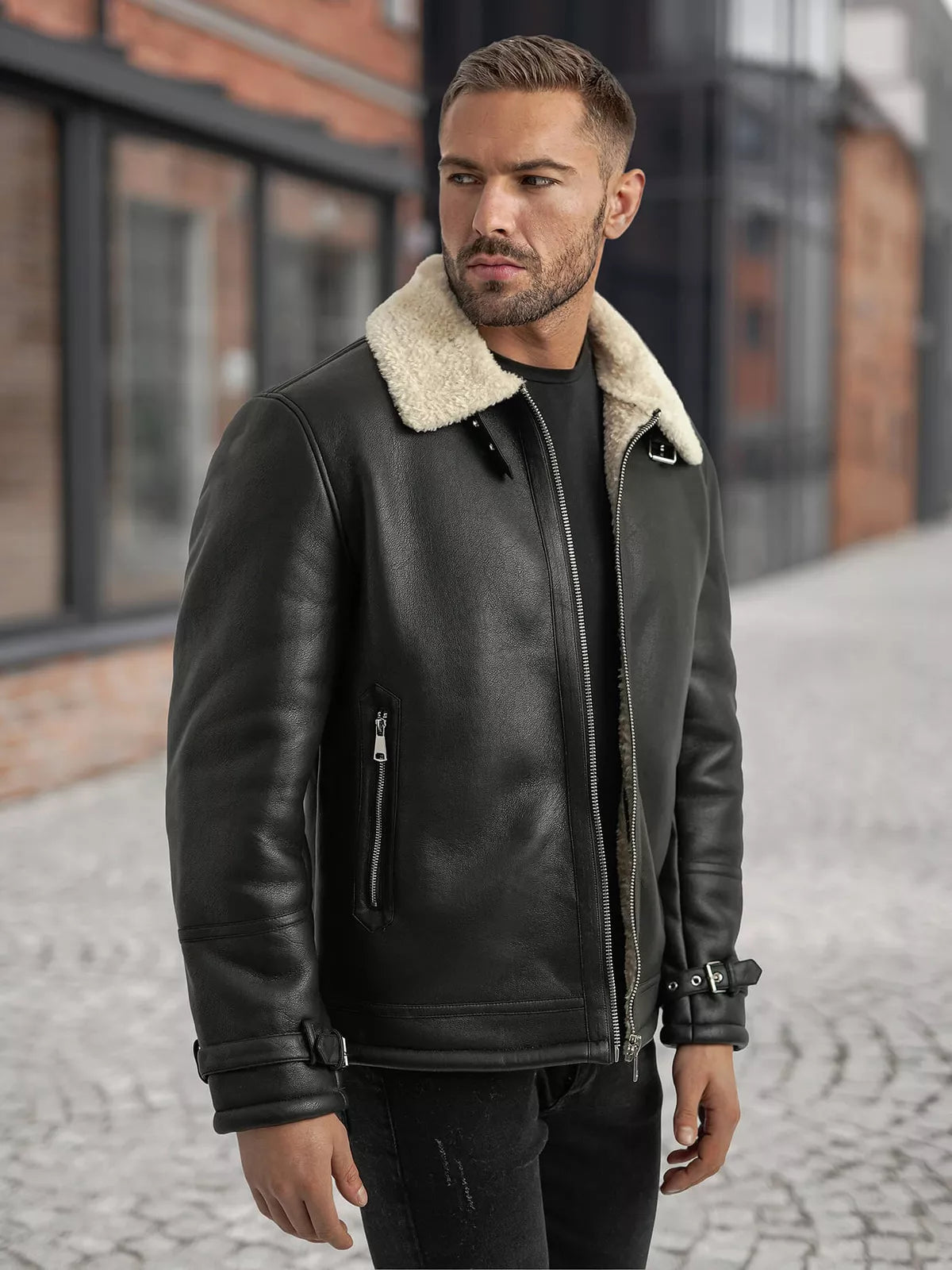 Vīriešu melna ādas jaka ar kažokādu Andy