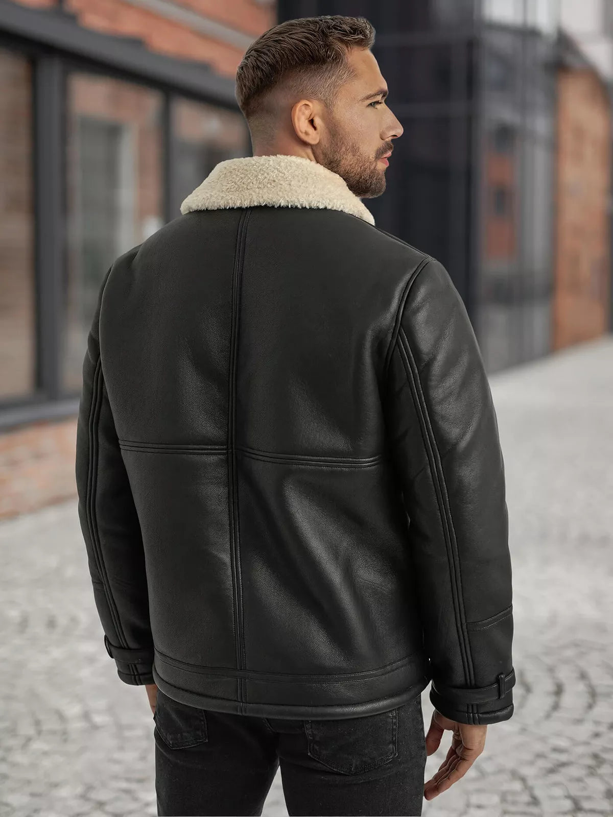 Vīriešu melna ādas jaka ar kažokādu Andy