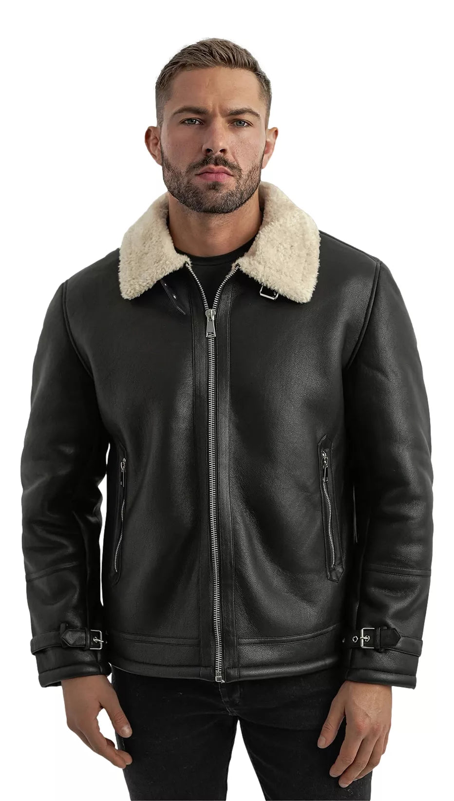 Vīriešu melna ādas jaka ar kažokādu Andy