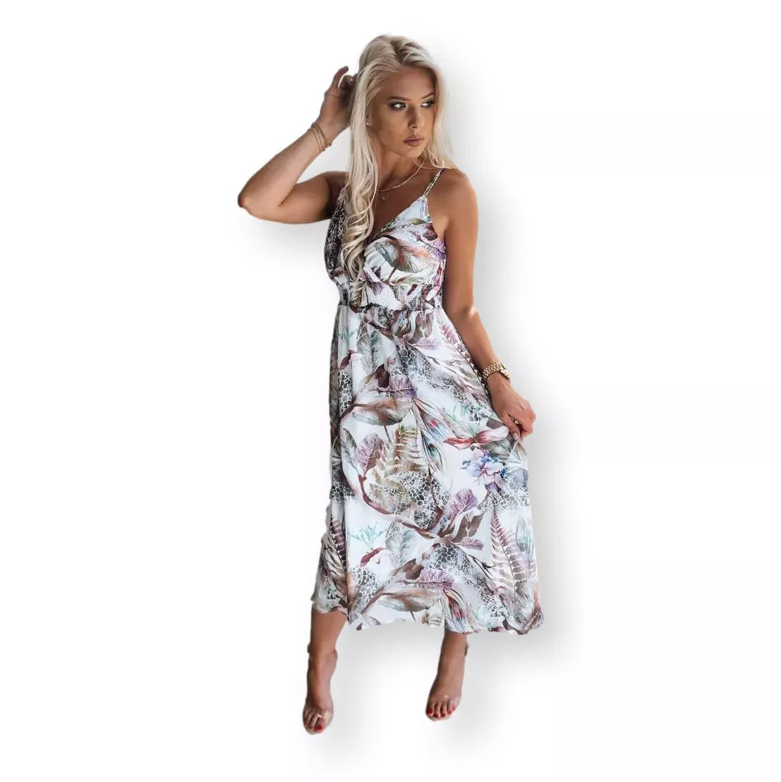 Balta sieviešu kleita ar ziediem "Mārīte" 