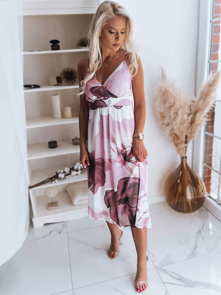 Balta sieviešu kleita ar rozā ziediem "Mārīte" 