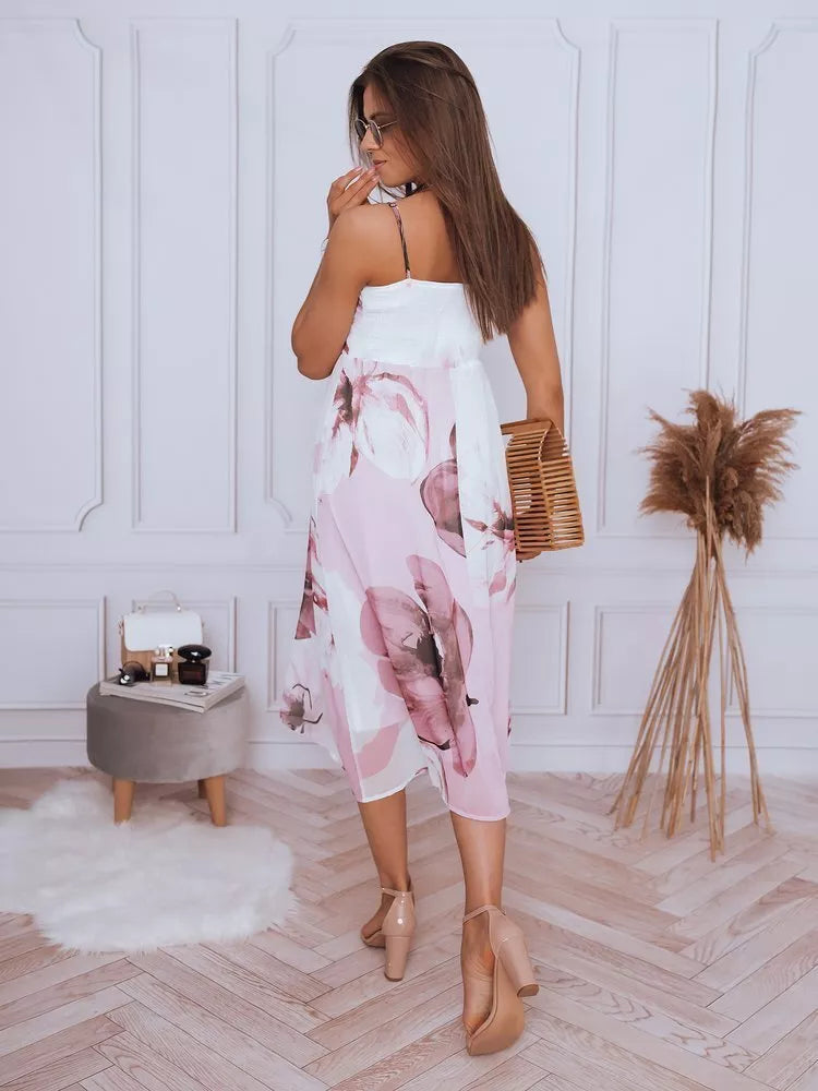 Balta sieviešu kleita ar rozā ziediem "Mārīte" 