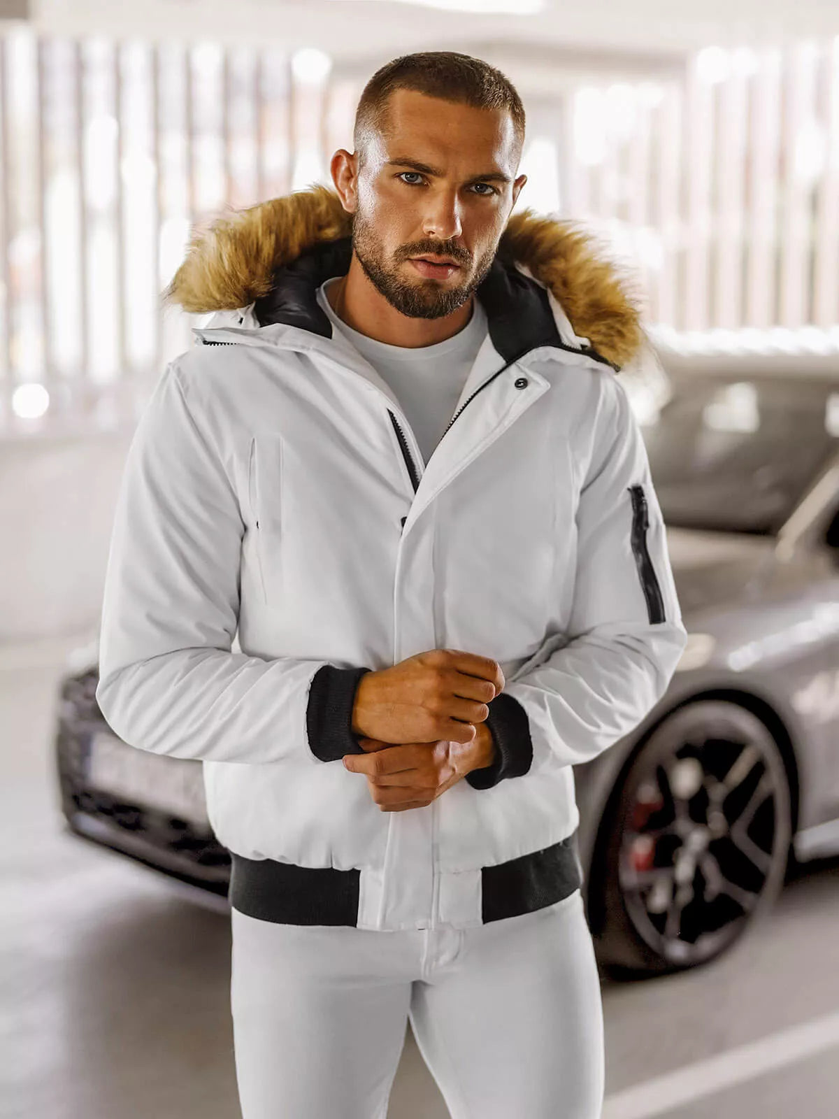 Bomber stila ziemas balta vīriešu jaka Lemi